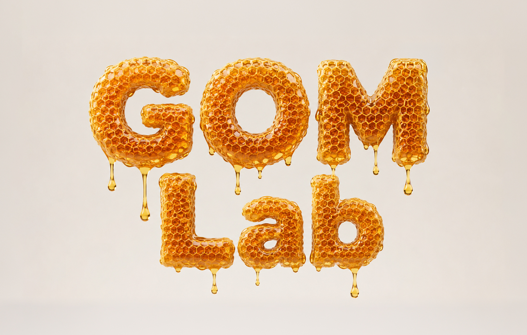 프롬프트 - 꿀벌집으로 만든 GOM Lab 타이포그래피, 꿀이 흘러내리는 매크로 실사 결과